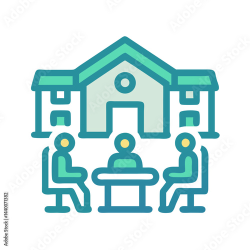 Meeting in Front of a Building Icon, Blue and Teal Concept