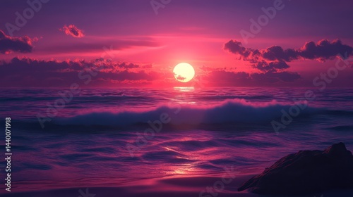 Vibrant sun ignites twilight beach