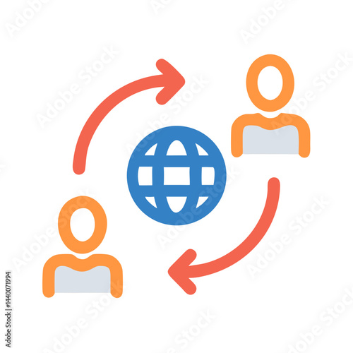 Global Interaction: People Connected by Globe and Arrows on Black Background