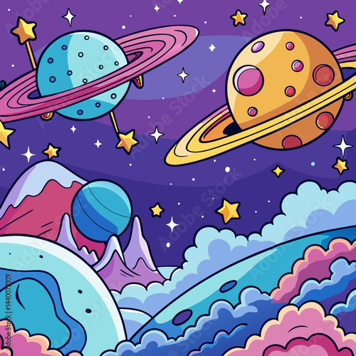 Colorful space-themed vector illustration with planets and stars on a night sky background, copy space