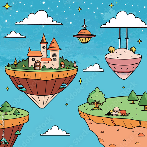 Whimsical floating islands vector illustration with a castle, trees, and stars on a blue background, copy space  