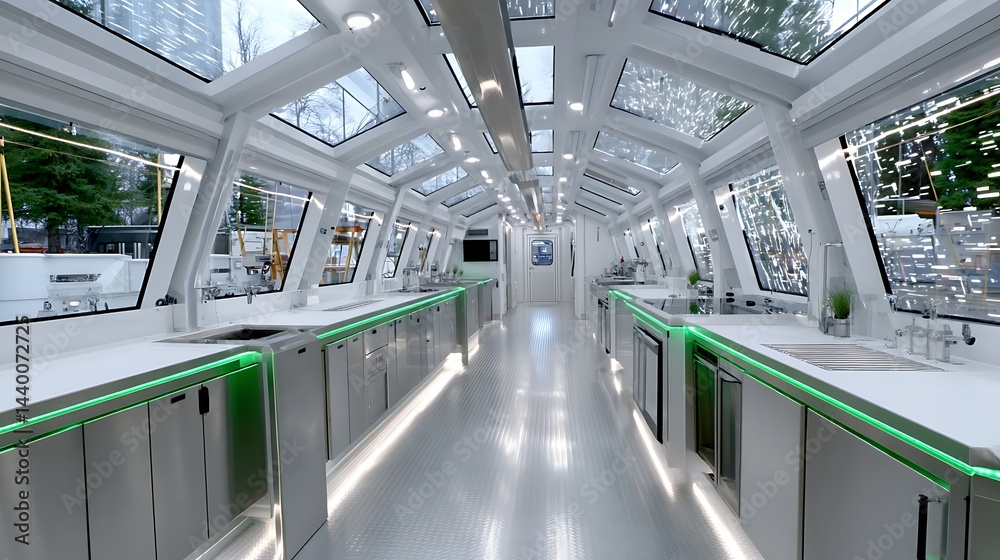 Obraz premium Modern galley kitchen interior of a luxury yacht with stainless steel appliances and skylights