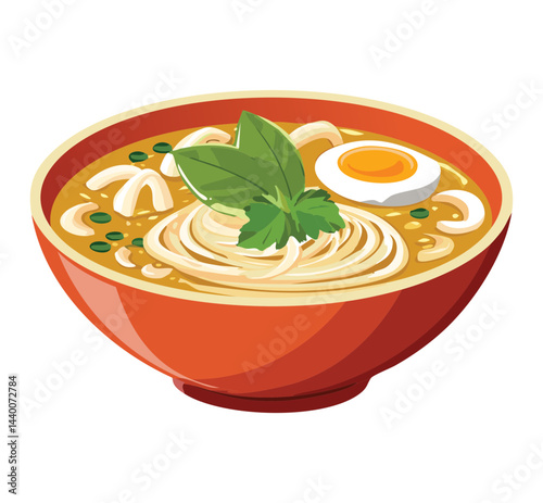 Hot Noodles Soup with Egg - Vector Illustration