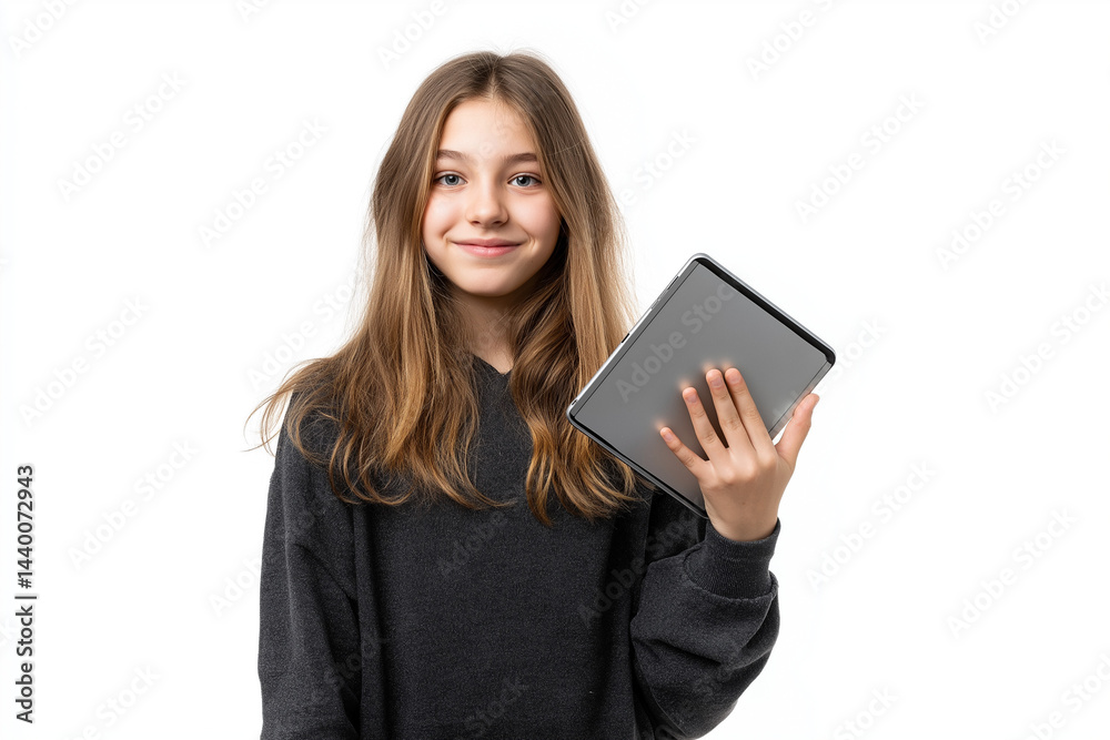 photorealistic image of a smiling teenager holding a tablet up like showing it to someone, slightly tilted angle, bright studio light, crisp details, no background