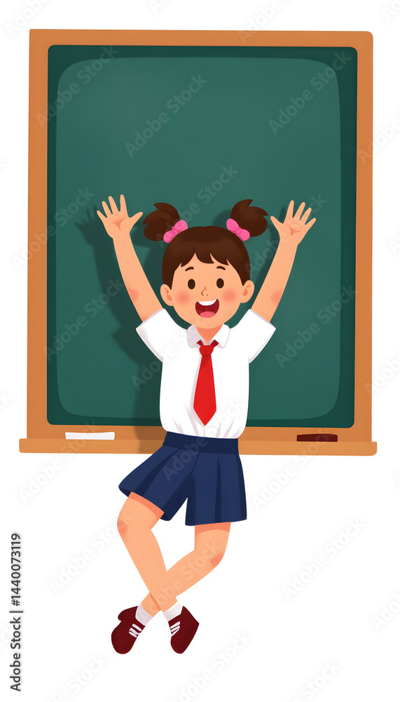 Happy schoolgirl raising hands in front of chalkboard Happy schoolgirl raising hands in front of chalkboard
