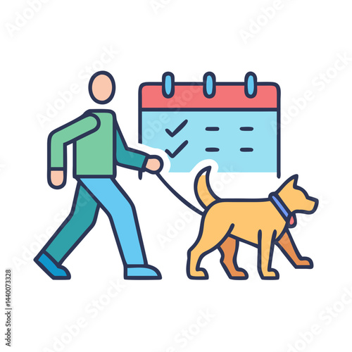 Scheduled Dog Walking: Man Walks Dog with Calendar Reminder Icon