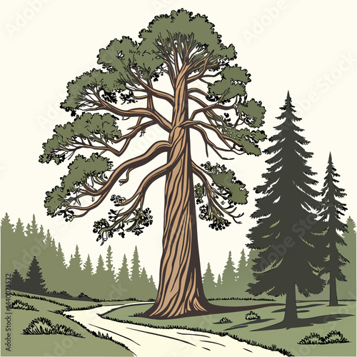 A detailed vector illustration of the President Tree, the iconic giant sequoia in Sequoia National Park, California, showcasing its towering presence and intricate bark texture.