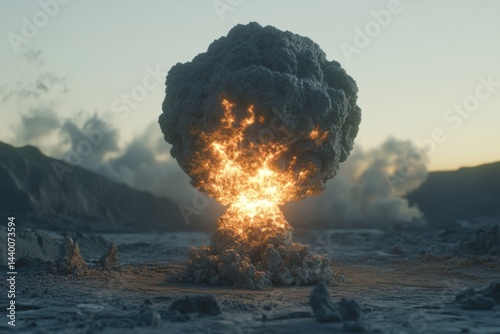 Mushroom cloud rises during detonation in a desolate landscape at twilight