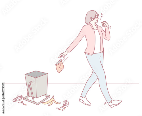 An illustration showcasing a woman casually tossing her waste into a bin, all while she enjoys her snack