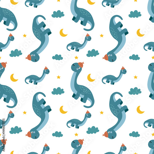 seamless pattern/ Cute seamless dinosaur night pattern. Adorable blue dinos in winter hats with stars, moons, and clouds. Great for children’s apparel, wallpaper, and prints