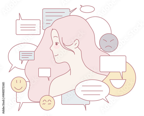 A colorful illustration showing various emotions and conversations in lively speech bubbles with expressive content