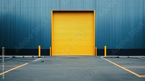 Wallpaper Mural Industrial building with yellow shutter door, blue frame, and parking lines. Torontodigital.ca