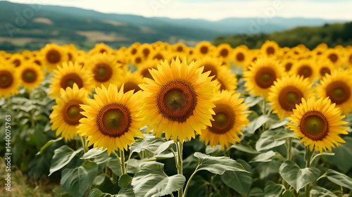 Sunflowers in a Field with a Mountain View - Realistic Photo