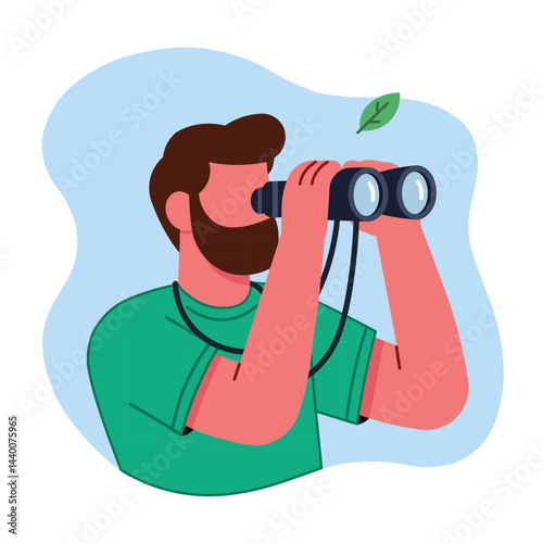 Illustration of a bearded man looking through binoculars on a blue backdrop. Element design. Clip art. Vector illustration. Suitable for artwork design.