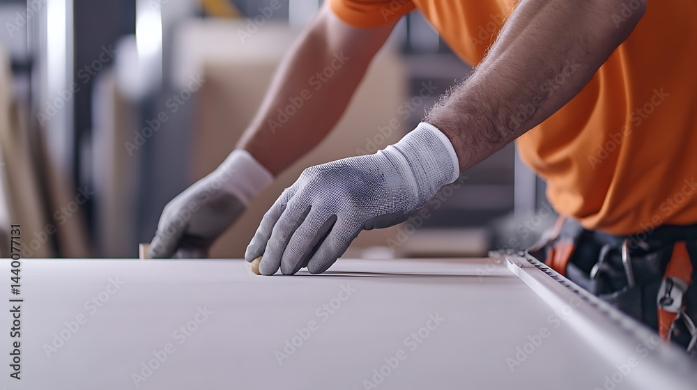 Worker in Gloves Handling Material in Workshop Worker in Gloves Handling Material in Workshop