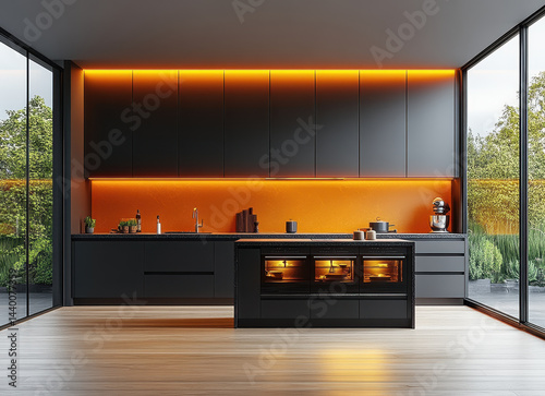 Modern Minimalist Kitchen Interior with Orange Accents and Kitchen Island in Contemporary Home Design