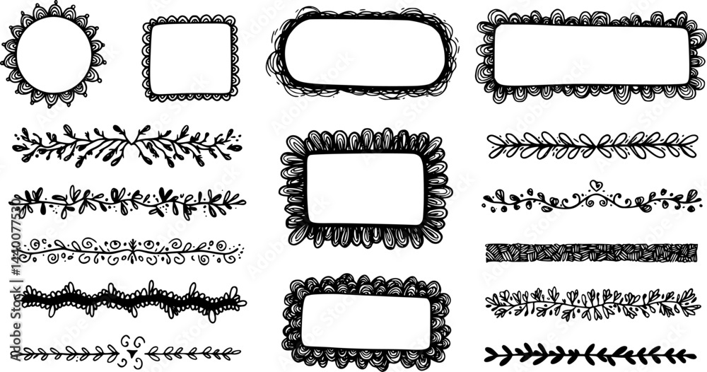 Obraz premium Doodle Frames Set, Hand Drawn Borders, vector set