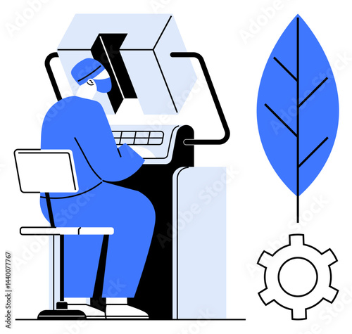 Person working on automated machine with a sleek setup, emphasized by a gear and leaf design. Ideal for technology, innovation, engineering, eco-friendliness, industry, sustainability, simple landing
