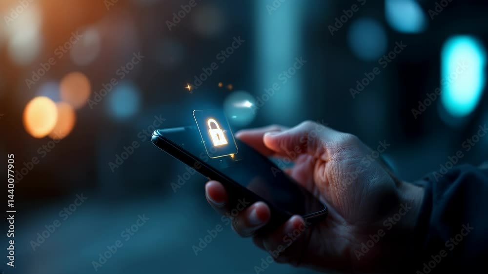 Secure Mobile Access: Hands interacting with a smartphone displaying a digital lock icon at night.