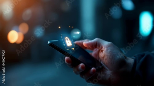 Secure Mobile Access: Hands interacting with a smartphone displaying a digital lock icon at night.