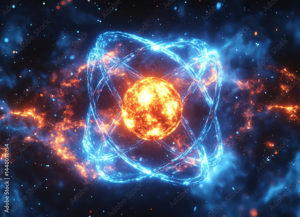 Obraz premium Glowing Atomic Structure with Orbiting Electrons in Vibrant Cosmic Space Environment Energy Concept