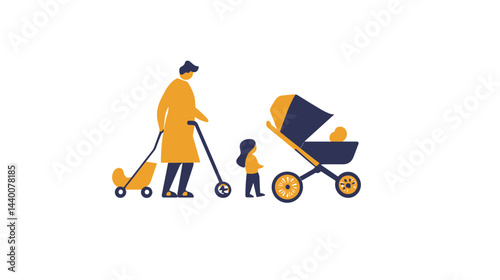 Family Walking with Stroller and Toddler in Minimalist Illustration