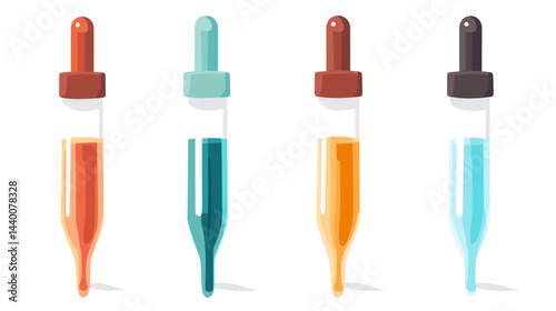 Four Color Pipettes with Liquids on White Background