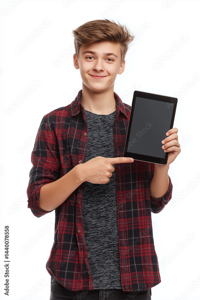 photorealistic image of a smiling teenager holding a tablet up like showing it to someone, slightly tilted angle, bright studio light, crisp details, no background photorealistic image of a smiling teenager holding a tablet up like showing it to someone, slightly tilted angle, bright studio light, crisp details, no background
