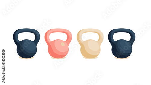 Four Kettlebells in Black Pink and Beige on White Background