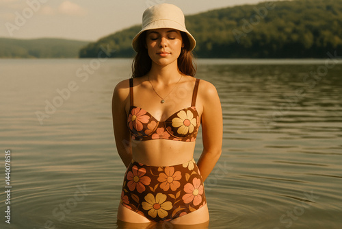 Young woman in a retro floral bikini and bucket hat standing waist-deep in a calm lake, eyes closed. Serene summer nature scene with forested hills.