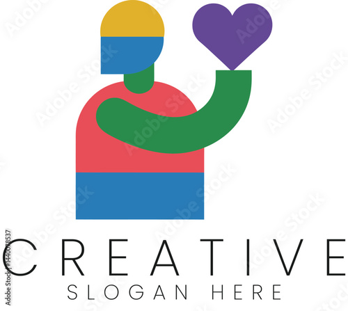 Abstract Colorful Person Giving Heart Logo Design Graphic Illustration icon love care flat style    