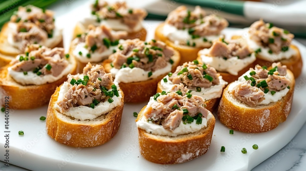 Open-faced sandwich with tuna and green chives on white cutting board.