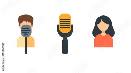 Podcast Interview Illustration Featuring Man and Woman Avatars with Microphone