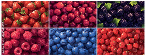 Berry background. Organic juicy food, blueberry raspberry strawberry blackberry cherry cranberry pile set vector illustratio