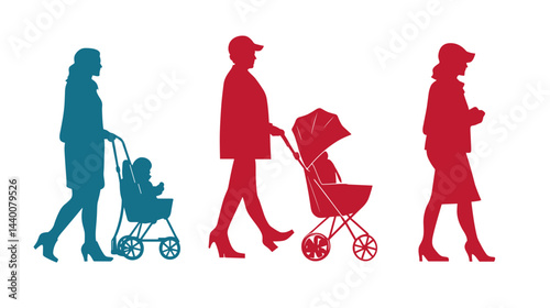 Silhouette of Three Women Walking with Strollers