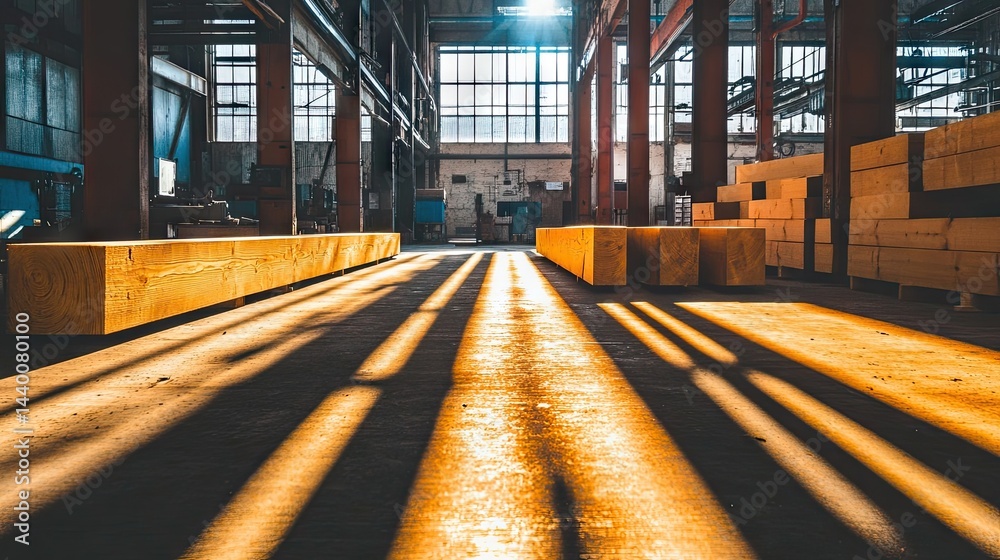 Fototapeta premium Line of wooden beams casting long shadows on workshop floor