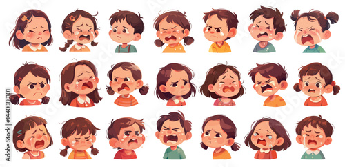 Crying children portraits. Kids boys an girls sad tears pain scream, stress emotion expression set vector illustration
