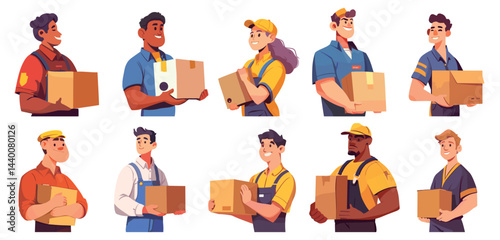 Delivery people. Flat man and woman carrying cardboard boxes, courier holding carton package parcel set vector illustration