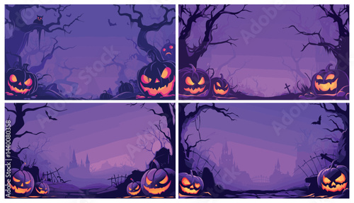 Halloween poster. Scary purple backdrop with evil pumpkins cemetery bats castle trees, spooky season set vector illustration