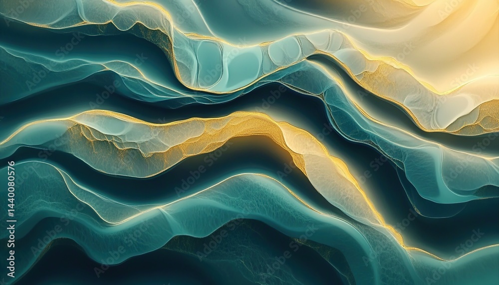Obraz premium Abstract art with flowing texture, teal-to-yellow gradient, and golden lines.