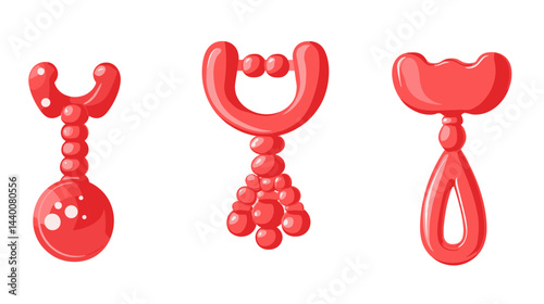Three Red Pixel Art Baby Rattle Toys on White Background