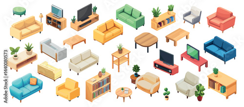 Isometric living room. Interior elements, sofa armchair tv plants shelves coffee table set vector illustration