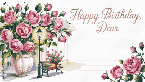Happy birthday greeting card with a picture of flowers and rose leaves near a bench and a street lamp. Romantic holiday atmosphere. Color vector illustration. EPS.