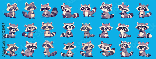 Raccoon character. Cartoon cute striped animal zoo mascot poses, funny wild coon set vector illustration