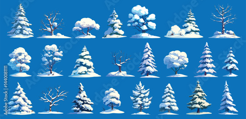 Snow covered trees. Cartoon winter oak pine maple ash frost bare branches, cold weather nature set vector illustration