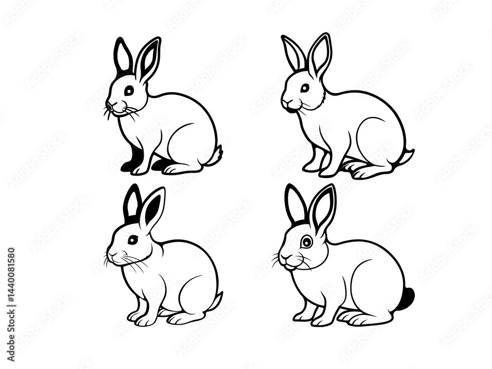Cute Rabbit Line Art Collection Black and White Bunny Vector Illustrations Hand-Drawn Animal Clipart for Coloring Books, Children's Projects, and Graphic Designs.