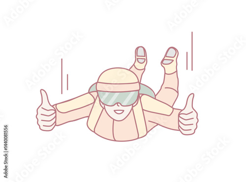 A cheerful skydiver is joyfully delighting in a thrilling freefall experience while giving a thumbsup gesture