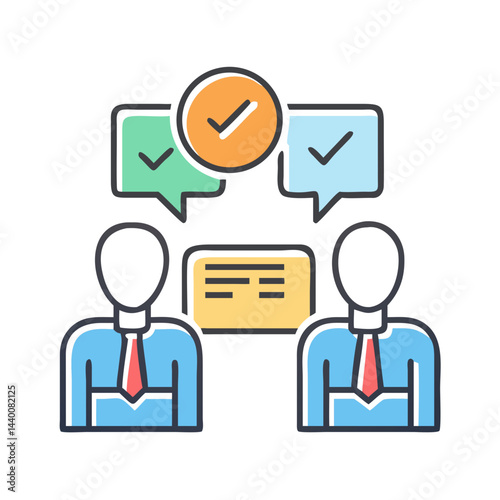 Teamwork and Communication: Business People Collaborating with Checkmarks and Information Card