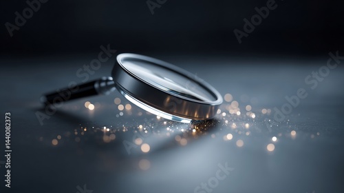 Close-up of a magnifying glass on dark surface, ideal for research and inspection themes.