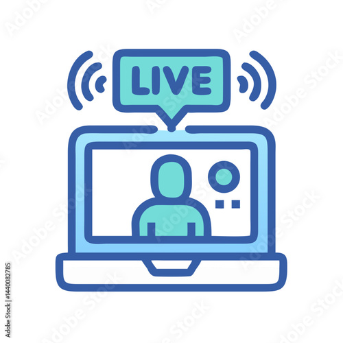 Live Streaming Icon: Laptop with Video Conference Call and Broadcasting Signal